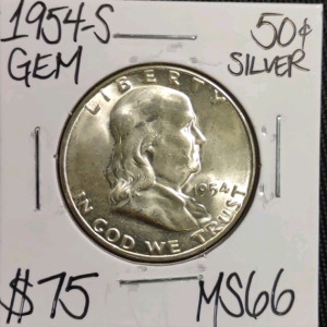1954-S MS66 Gem Silver Franklin Half Dollar