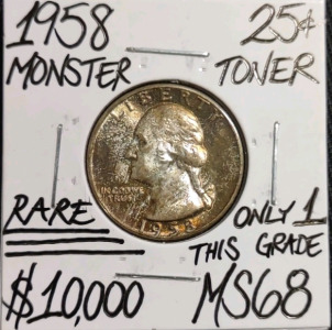 1958 MS68 Rare Monster Toner Silver Quarter