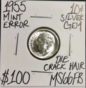 1955 MS66FB Mint Error Gem Silver Dime
