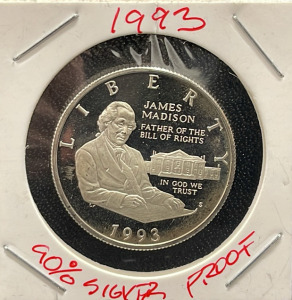 1993 James Madison Half Dollar Commemorative Coin, 90% Silver, Proof