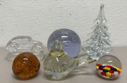 Collection of Glass Paperweights with Tree, Car, Bird, and Sphere Designs