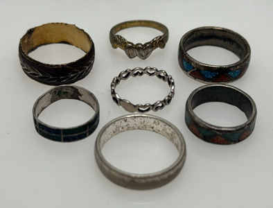 Assorted Vintage Rings with Geometric and Heart Patterns, Multicolored