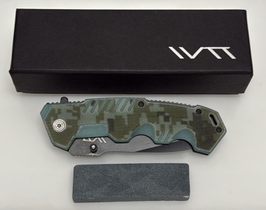 IVTT Folding Knife, Black Blade, Camouflage G10 Handle, Includes Box & Stone