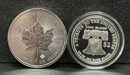 Canadian Maple Leaf 2015 & Cook Islands Tribute 2022 Silver Coins