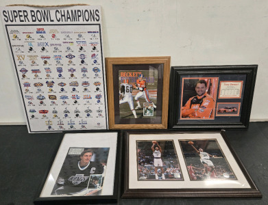 (5) Assorted Vintage Sports Collectors Decor Including: Super Bowl Winners, John Elway Magazine Cover, Tony Stewart, Wayne Gretzky, Ray Allen & Paul Pierce
