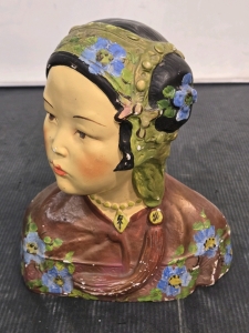 Antique Joe Celona Asian Polychrome Chalkware Bust (Signed & Dated 1923) - 9" / +$160 Value!
