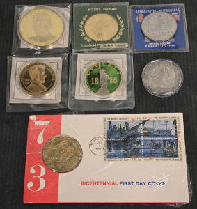 Assorted Commemorative US Collectors Coins: Mount Vernon 22ct Gold Plated Medallion, America's Forst Silver Dollar, JFK Gold Plated Trial Coin, & More!