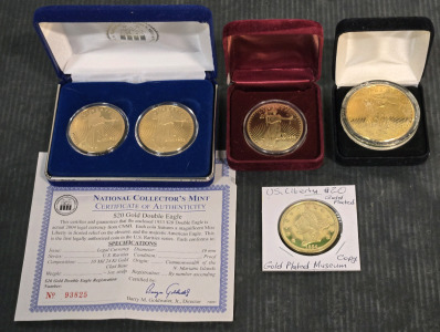(3) Collector's Mint 1933 "Walking Liberty" Double Eagle 24ct Gold Plated $20 Copies (+1 Oversized Copy) & US Liberty 1854 $20 Gold Plated Museum Copy / +$100 Combined Value!