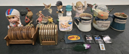 Assorted Vintage Home Decor Items: Figurines, Cups, Coasters & More!