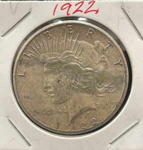 1922 United States Peace Dollar Coin, 90% Silver, 38.1mm Diameter