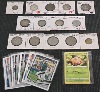 Assorted Collector Foreign Coins, Football Cards, & Pok&eacute;mon Cards