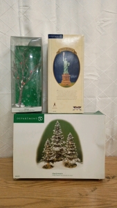 Department 56 Christmas Village Accessories Pequot Trees Pines and Frosted Bare Branch Tree and American Pride Collection Statue of Liberty