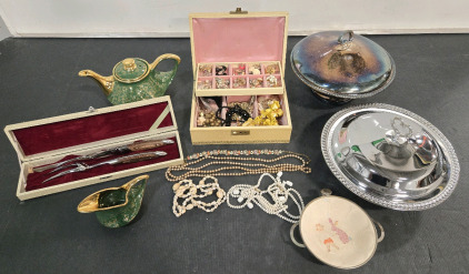 22k Vintage Gold Clad Pearl China Tea Pot & Cream Dish / +$80 Value! , Silver Plated Dish w/ Lid , Stainless Steel Japan Made Carving Knife & Fork , & More!
