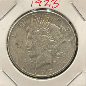 1923 Peace Dollar Coin, United States, 90% Silver, 1.5 inch Diameter