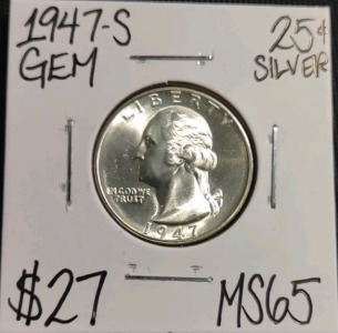 1947-S MS65 Gem Silver Washington Quarter
