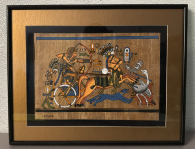Adel Ghabour Framed Papyrus Painting, Egyptian Scene, Black/Gold Frame