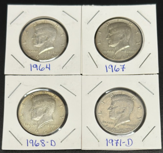 Set of Kennedy Half Dollars: 1964, 1967, 1968-D, 1971-D, US Coins