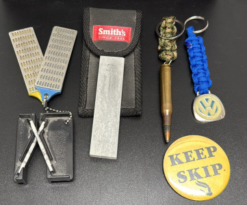 Smith's Sharpening Stone & Tools, Collectibles Lot, Keep Skip Pin, Keychains