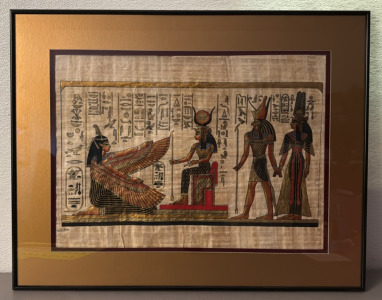 Framed Papyrus Painting "Isis and Winged Ma'at" with Certificate, Egyptian Origin