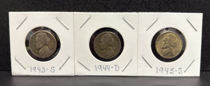 1943-S, 1944-D, 1945-S Jefferson Nickels, Wartime Composition