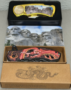 Collectible Mount Rushmore & Dragon Pocket Knives, Stainless Steel Blades, COA