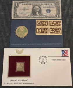 (1) 1935 Series D Blue 1 Dollar Silver Certificate , (1) American Revolution Bicentennial George Washington Gold Medal 1972 , (1) "United We Stand" Gold Replica 2001 First Day Issue Stamp / +$100 Combined Value!