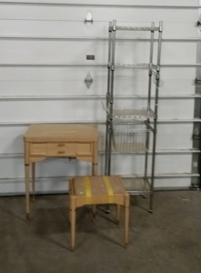 (1) Sewing Table, (1) Sewing Chair, and (1) Tall Metal Wire Rack