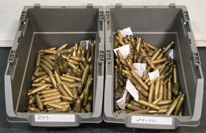 (2) Bins w/ Used Winchester 243 & Remington 25-06 Reloading Brass (Used Primers)