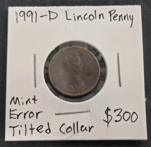1991-D Lincoln Penny Mint Error Tilted Collar