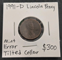 1991-D Lincoln Penny Mint Error Tilted Collar