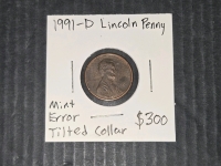 1991-D Lincoln Penny Mint Error Tilted Collar - 2