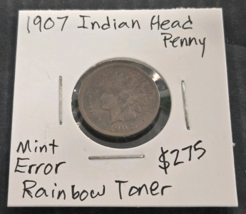 1907 Indian Head Penny Mint Error Rainbow Toner