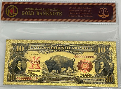 Gold-Plated $10 Banknote Replica, 99.9% 24K Gold, Serial 999999999
