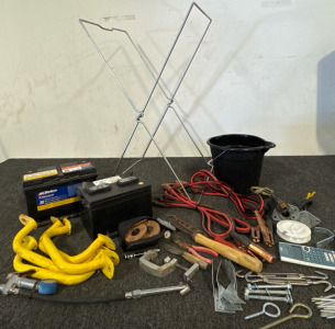 AC-Delco Professional 48PS Battery, Adjustable Battery, (4) 15&rdquo; Yellow Metal Handles, Slime Pressure Guage, (2) Jumper Cables, X-Frame Folding Wire Stand, and Misc Tools