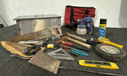 Tools, Saws, Paint Sprayer, Insulated Bag, LED HeadLight, 8&rdquo; Tire, 9&rdquo; Level, Metal Box w/Lid 14x22x10.25&rdquo;