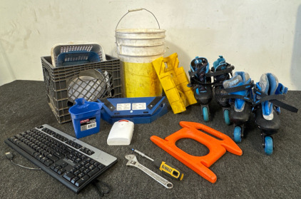 Roller Blades Size 12-2 & 3-6, White & Yellow 5-Gallon Bucket, Plastic Containers, Paint Trim Cup, Miter Saw Tray, Kreg KMA2800 Crown-Pro Crown Molding Tool, Sears Cord Tote, Tools, Keyboard, Wireless Security Alert System Receiver