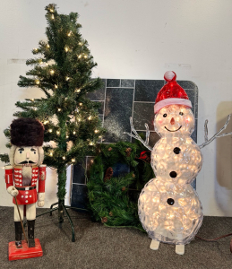 Christmas Decor - 30&rdquo; Lighted Ice Snowman, 4&rsquo; Lighted Oregon Fir Tree, 28x32&rdquo; Grey Stove Board, Green Fir Wreath, 20.5&rdquo; Nut Cracker
