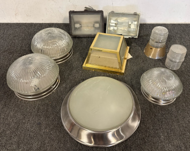 Light Fixtures- (2) 9&rdquo; Clear Ribbed Glass, 7&rdquo; Clear Ribbed Glass, 14&rdquo; Frosted Brush Nickle, 9.25x9.25x9.25x9.25&rdquo; Gold Frosted Glass, 5.25&rdquo; Clear Ribbed Glass w/Replacement Glass Cover, (2) 6.75x9&rdquo; Security Floodlights