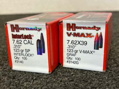 Hornady Ammunition: 7.62 Cal 123 Gr. SP and 7.62x39 123 Gr. V-Max (200 Count)