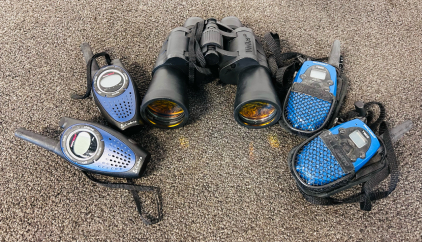 Vivitar 7x50 Coated Optics Binoculars and (2) Pairs Of Walkie Talkies