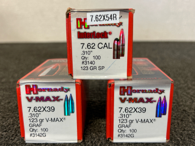 Hornady Ammunition: 7.62 Cal 123 Gr. And 7.62x39 123 Gr. V-Max Graf (300 Count)
