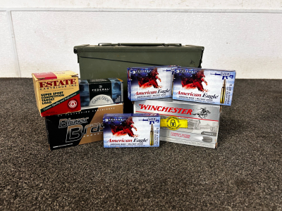 Metal Ammo Box With Mixed Ammo: Winchester Super X 45 Colt, Blazer Brass 9mm, American Eagle 5.56x 45mm, 410 Ga, and .22 Cal