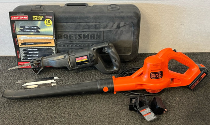 Craftsman 6.5 Amp Corded Reciprocating Saw & Black & Decker 20V Electric Leaf Blower W/ Battery & Battery Charger