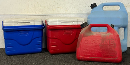 (2) Coleman Coolers, 2.5 Gal Gasoline Can & Rubbermaid 3 Gallon Water Jug