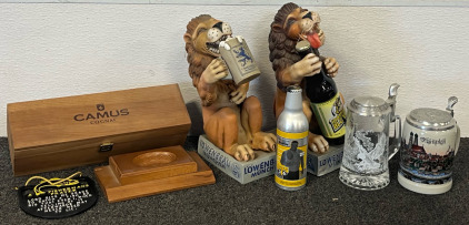 Collectible Aluminum Bottle of Iron City Light Beer honoring Jerome Bettis, (2) Vintage L&ouml;wenbr&auml;u Lion Statues, (2) Vintage Beer Stiens & More