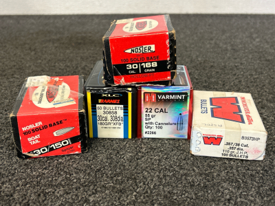 Mixed Ammo: Nosler 30 Cal 150/168 Gr, Barnes 30 Cal 180 Gr, Hornady 22 Cal 55 Gr, and Winchester .357/38 Cal 110 Gr