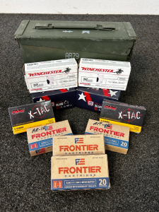 Metal Ammo Box With Mixed Ammo: 32 Auto, 12 Ga. Slugs, 5.56mm, and 223 REM