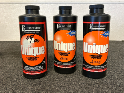 (3) Bottles Of Unique Smokeless Powder (3 Lbs)