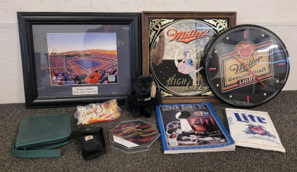 Vintage Miller High Life Mirror, Miller Genuine Draft Light Clock, Bronco Stadium Picture, And Other Collectables