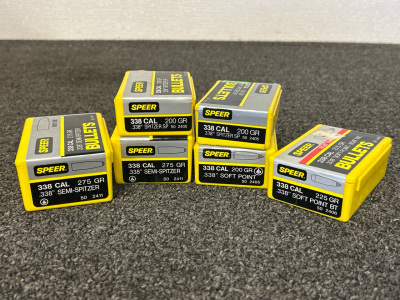 Speer Bullets: .338 Cal 200/225/275 Gr. Spitzer SP/ Semi Spitzer/ Soft Point (6 Cases)